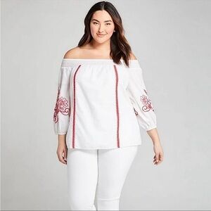 Lane Bryant White & Red Embroidered Off the Shoulder Long Sleeve Top 18/20